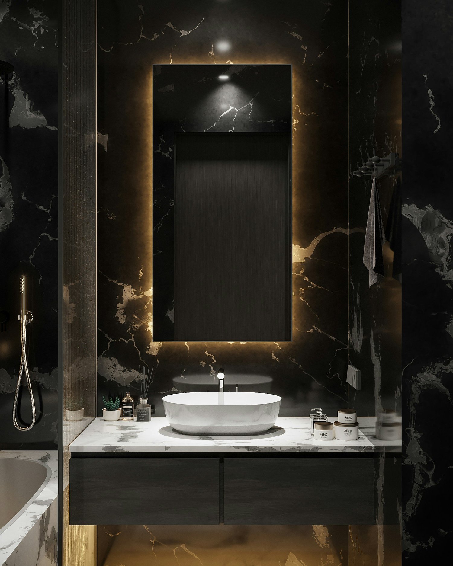 Bathroom vanity lit with warm LED strips, shown as it looks in daylight