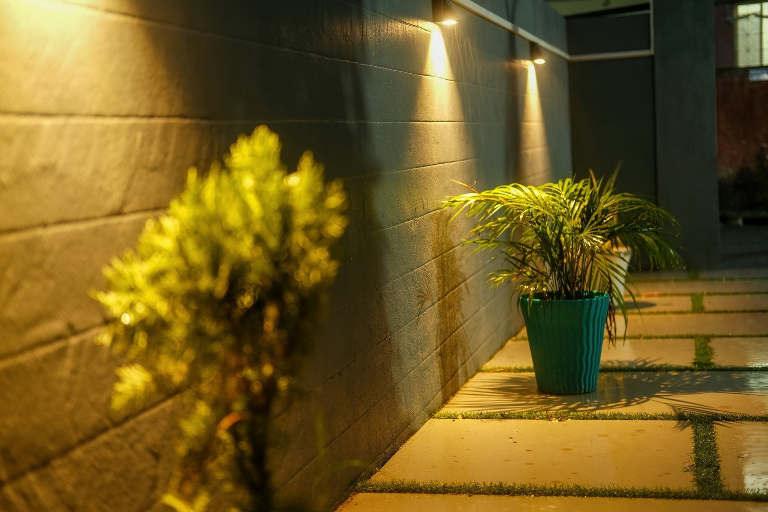 Pergola lighting detail at dusk