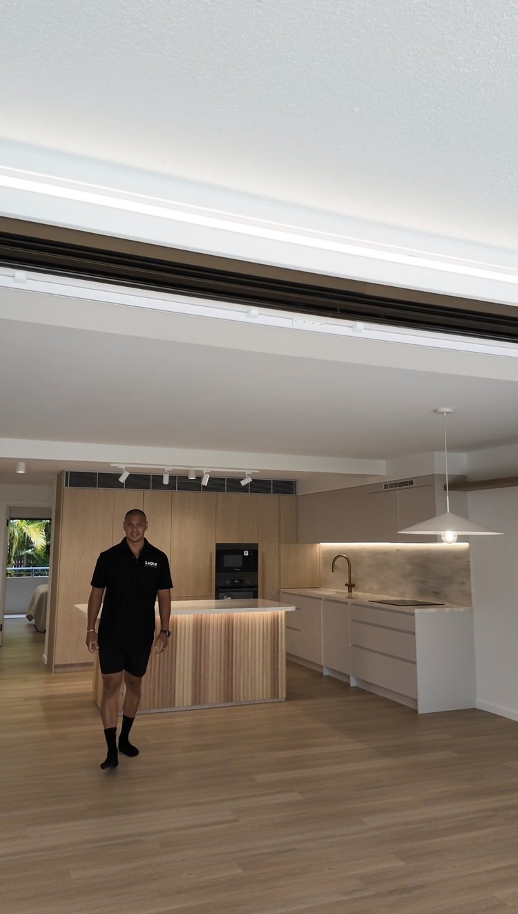 Under-cabinet LED lighting on stone benchtop