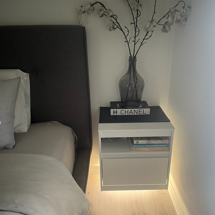 Under-cabinet LED task lighting on a kitchen benchtop, shown as it looks in daylight